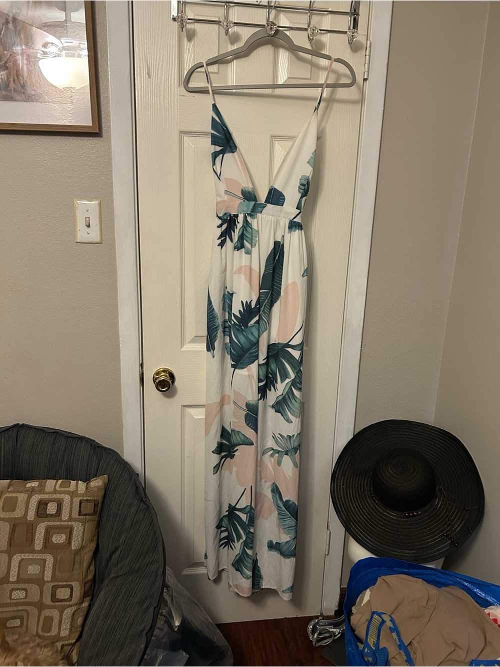 AKIRA White Maxi Jumpsuit with Teal & Blush Leaf Print - Picture 1 of 11